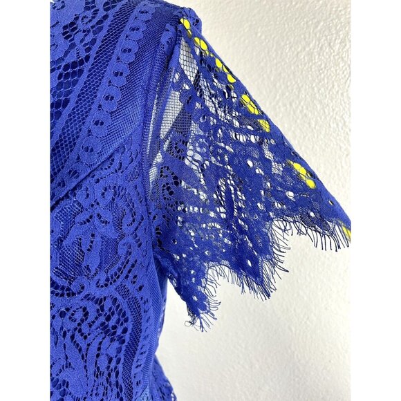 Merokeety Maxi Dress Lace Overlay Indigo Blue Boho Crochet Fringe Knit V Neck L - Picture 4 of 16